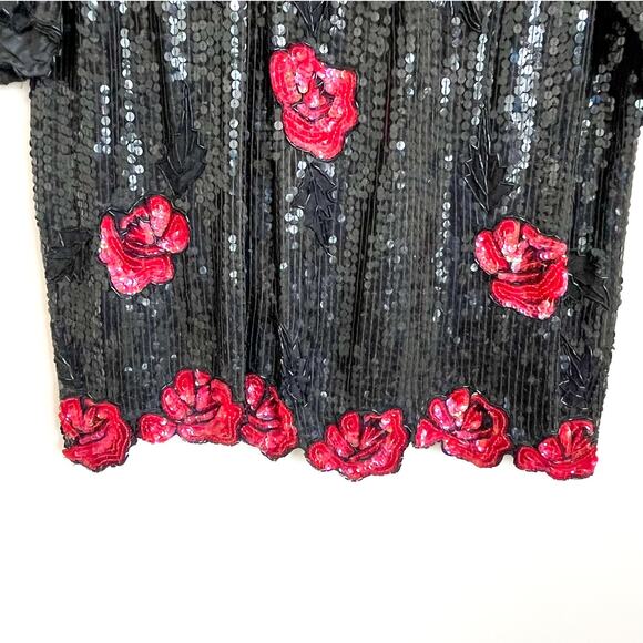 Vintage Y2K Silk Beaded Sequin Women Shirt Size 1X Black Roses Whimsigoth Witchy - Picture 4 of 12